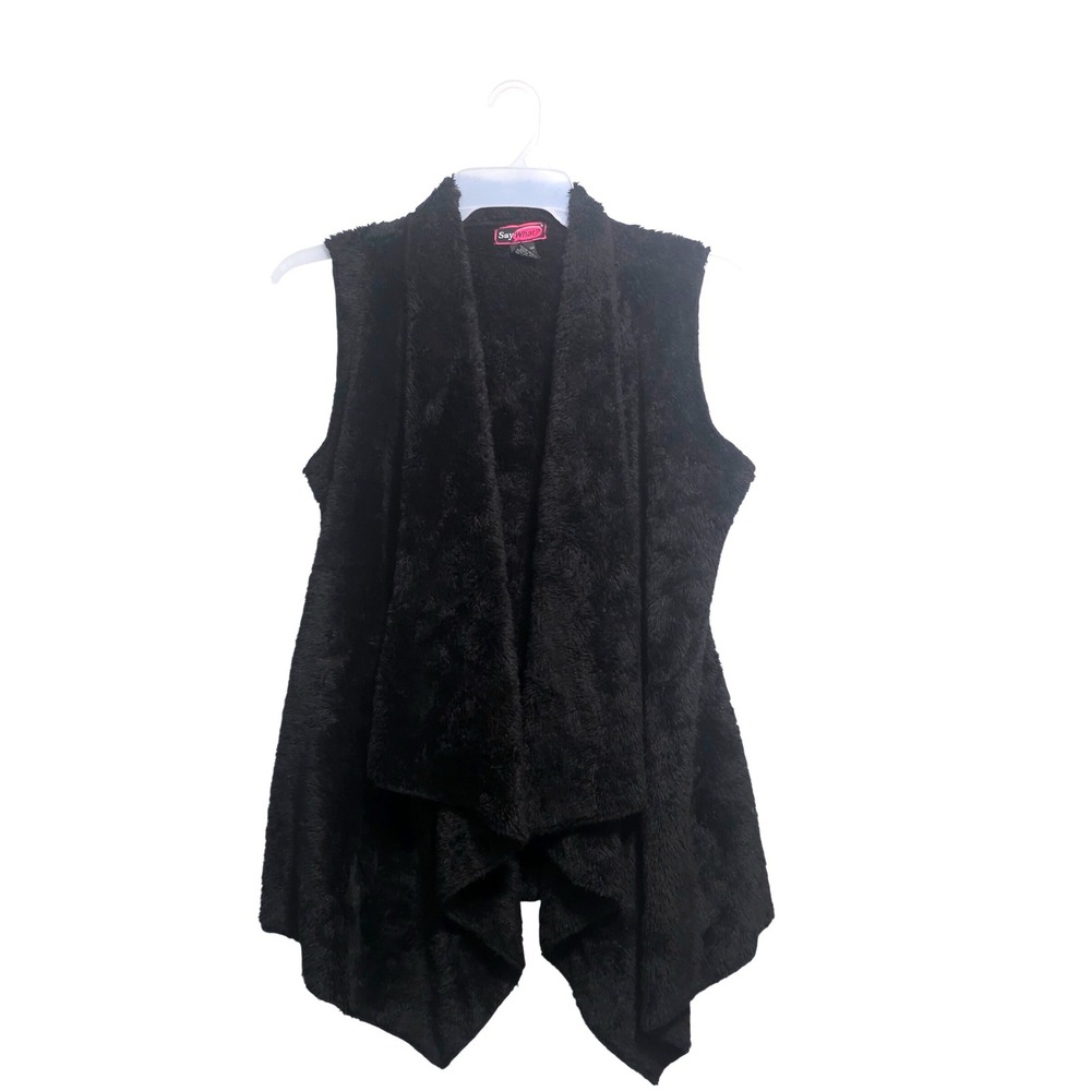 Say What? Womens Black Faux Fur Draped Open Front Vest Asymmetrical Hem Medium